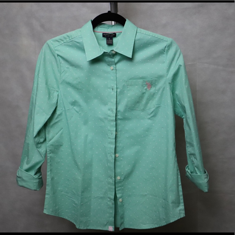 Green and white polka dots button down Dress shirt